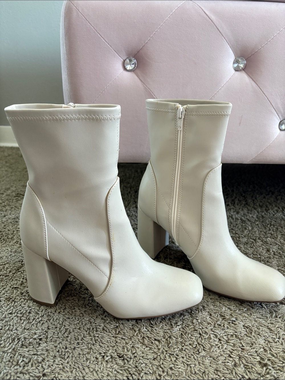 Women's Cream Block Heel Ankle Boots